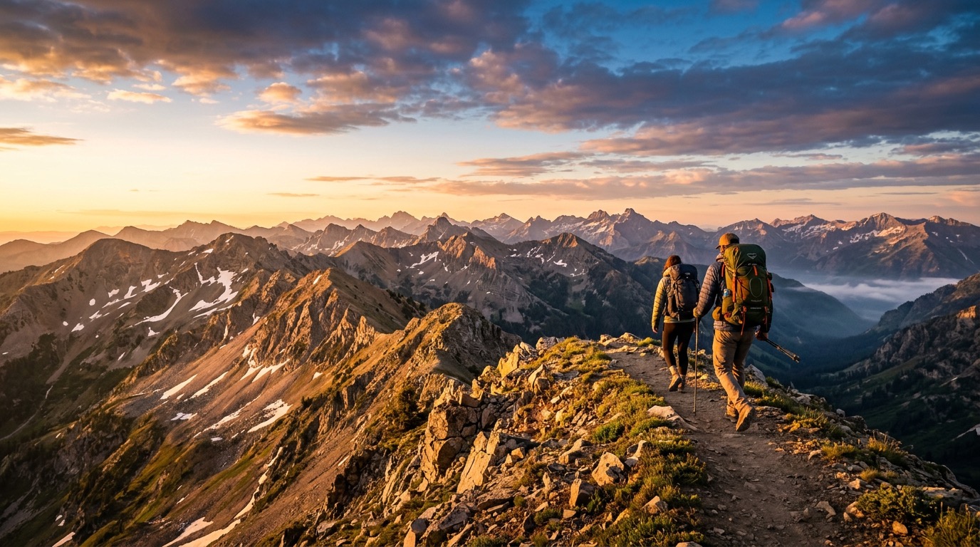 Backpackers on a Wasatch ridgeline at sunrise in Utah